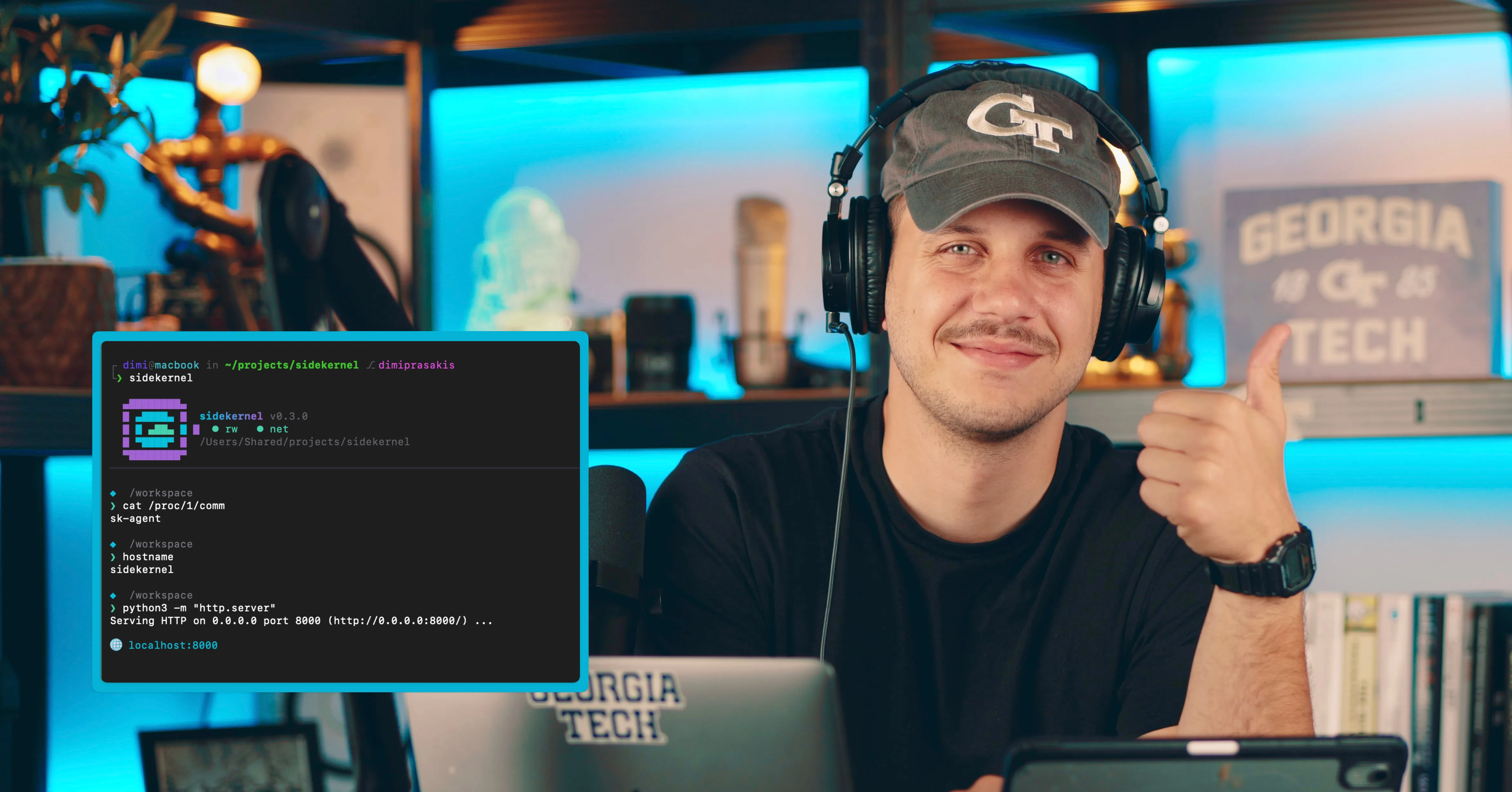 Dimitrios Prasakis smiling and giving a thumbs up at his desk wearing headphones and a Georgia Tech cap, with a SideKernel terminal session overlaid showing a microVM boot and a forwarded localhost:8000 port